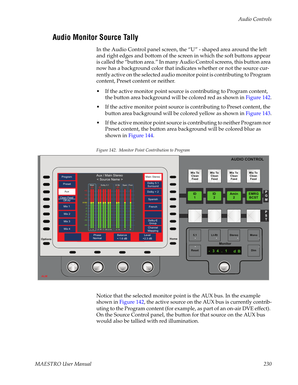 Audio monitor source tally, Maestro user manual 230 audio controls, Figure 142. monitor point contribution to program | Grass Valley Maestro Master Control v.2.4.0 User Manual | Page 234 / 455