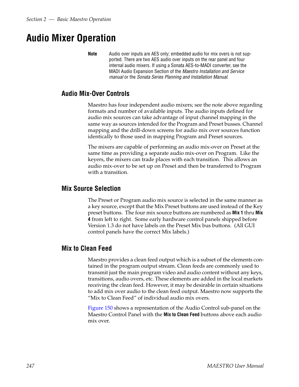 Audio mixer operation, Audio mix-over controls, Mix source selection | Mix to clean feed | Grass Valley Maestro Master Control v.2.4.0 User Manual | Page 251 / 455