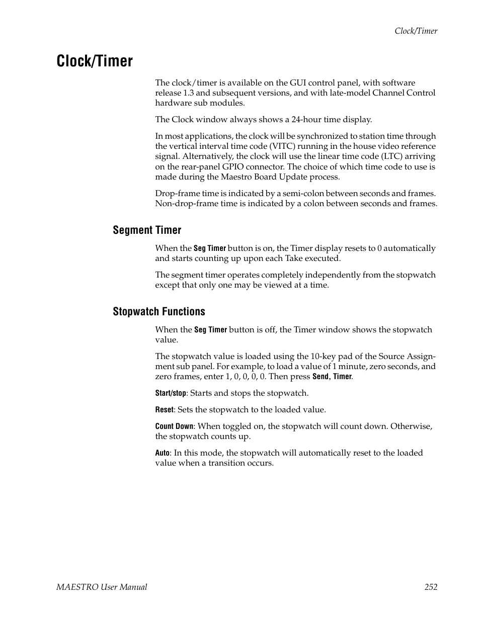 Clock/timer, Segment timer, Stopwatch functions | Grass Valley Maestro Master Control v.2.4.0 User Manual | Page 256 / 455