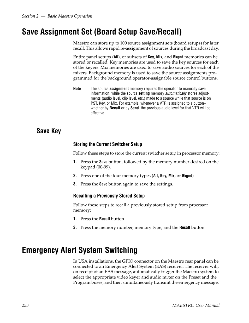 Save assignment set (board setup save/recall), Save key, Emergency alert system switching | Grass Valley Maestro Master Control v.2.4.0 User Manual | Page 257 / 455