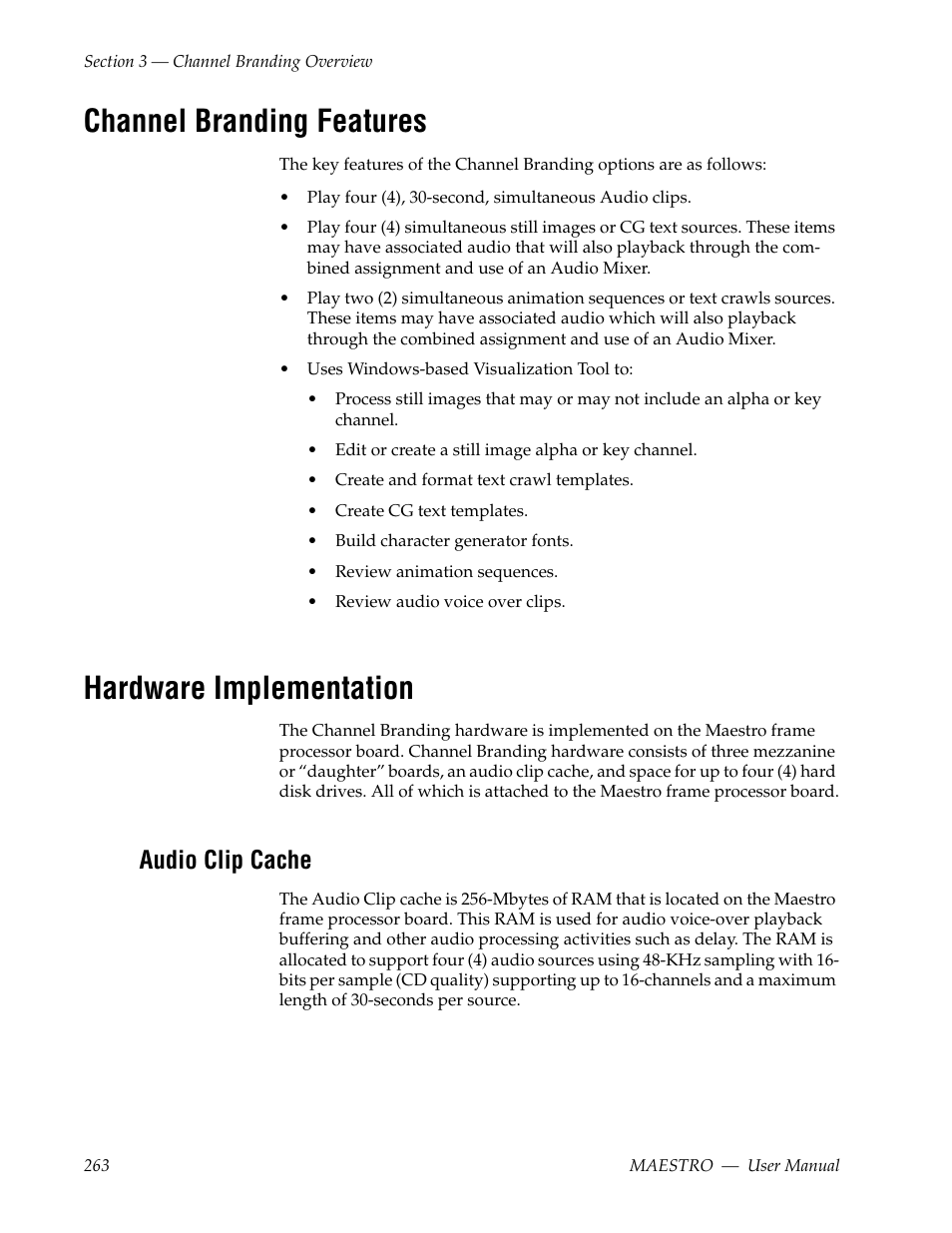Channel branding features, Hardware implementation, Audio clip cache | Grass Valley Maestro Master Control v.2.4.0 User Manual | Page 267 / 455