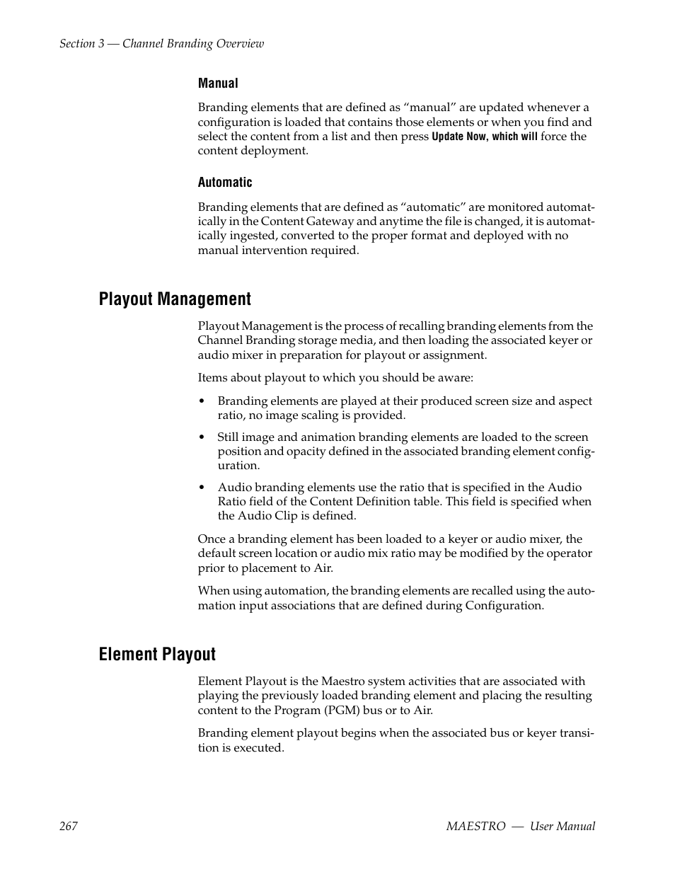 Playout management, Element playout | Grass Valley Maestro Master Control v.2.4.0 User Manual | Page 271 / 455