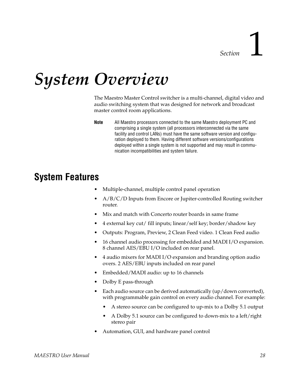 System overview, System features, Section 1 — system overview | Grass Valley Maestro Master Control v.2.4.0 User Manual | Page 32 / 455