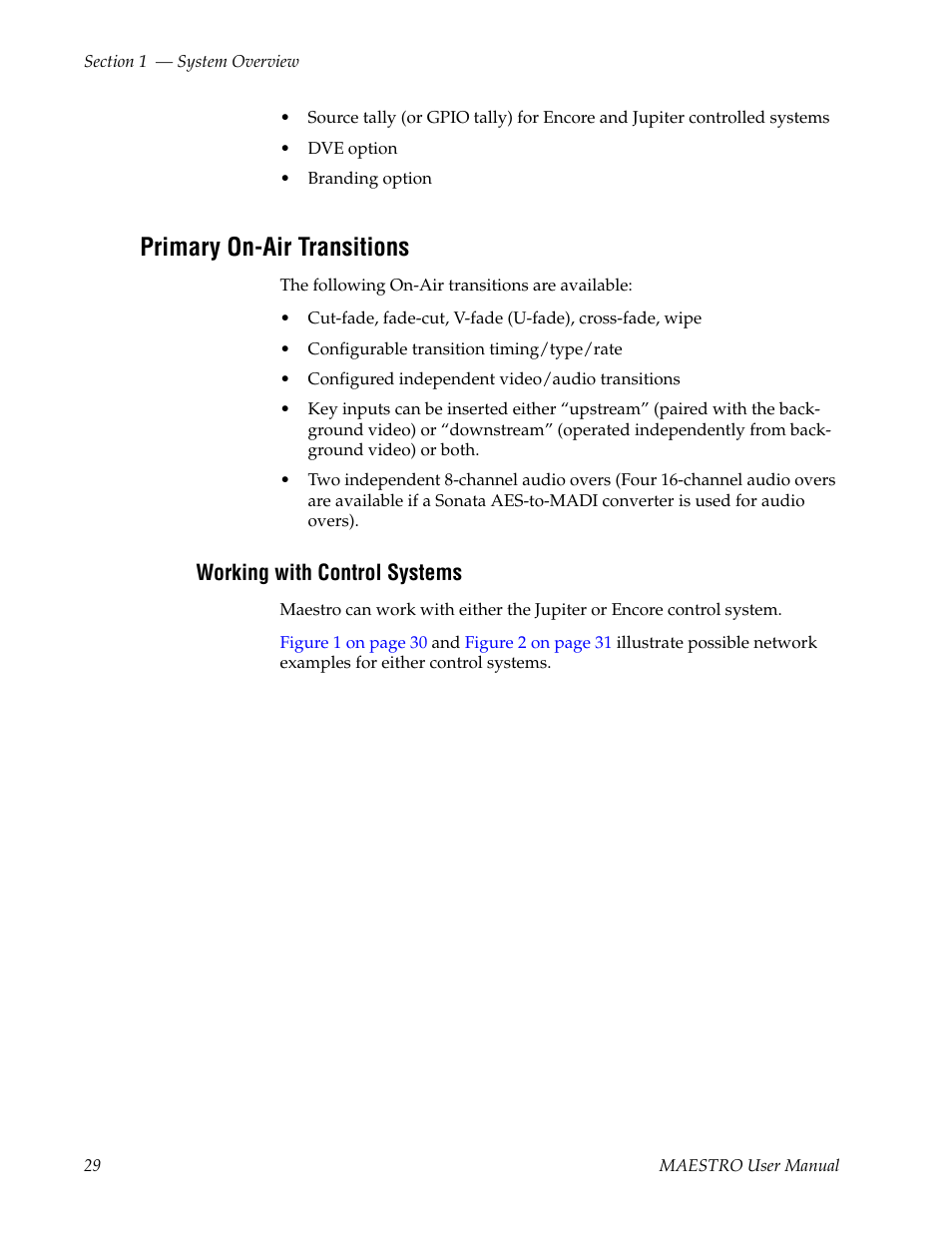 Primary on-air transitions, Working with control systems | Grass Valley Maestro Master Control v.2.4.0 User Manual | Page 33 / 455