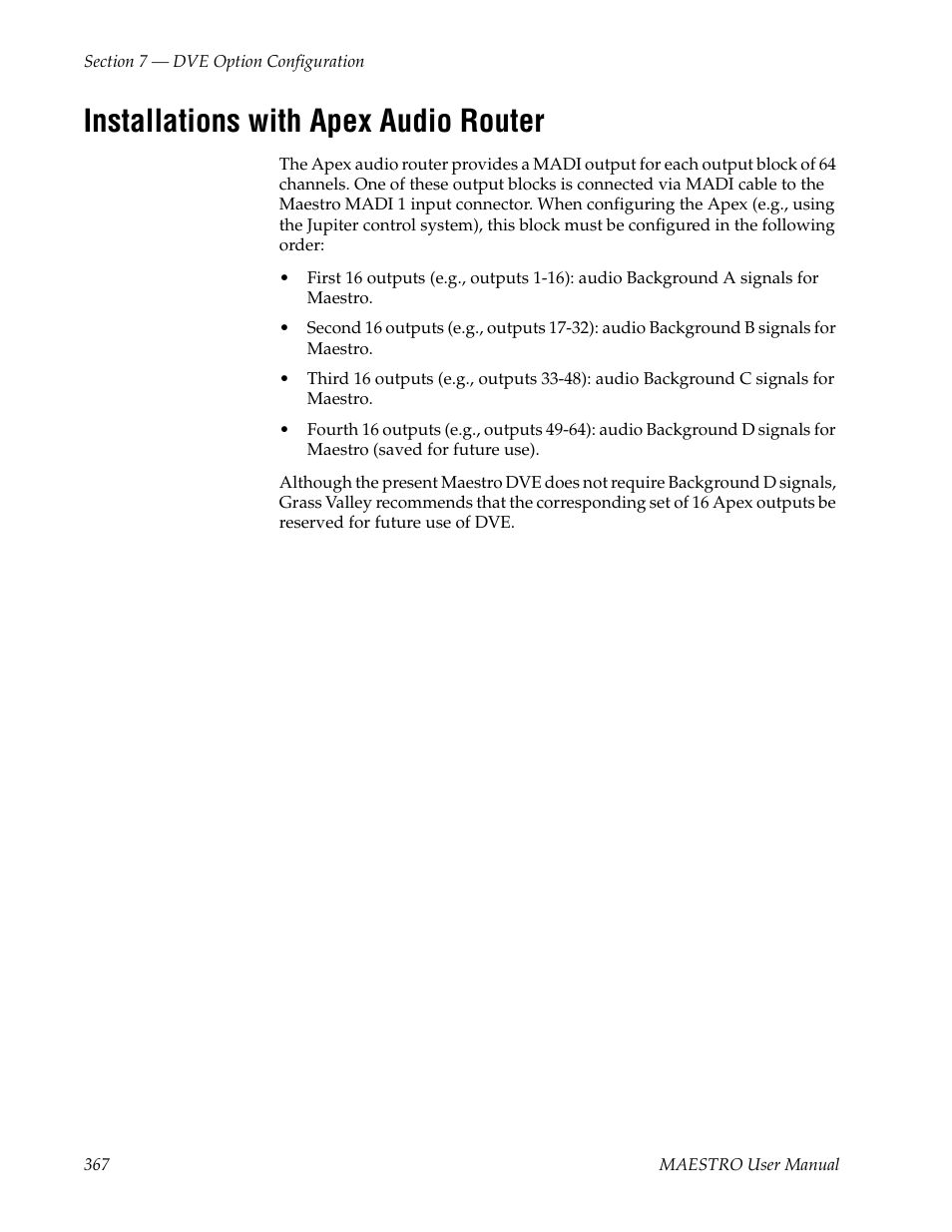 Installations with apex audio router | Grass Valley Maestro Master Control v.2.4.0 User Manual | Page 371 / 455