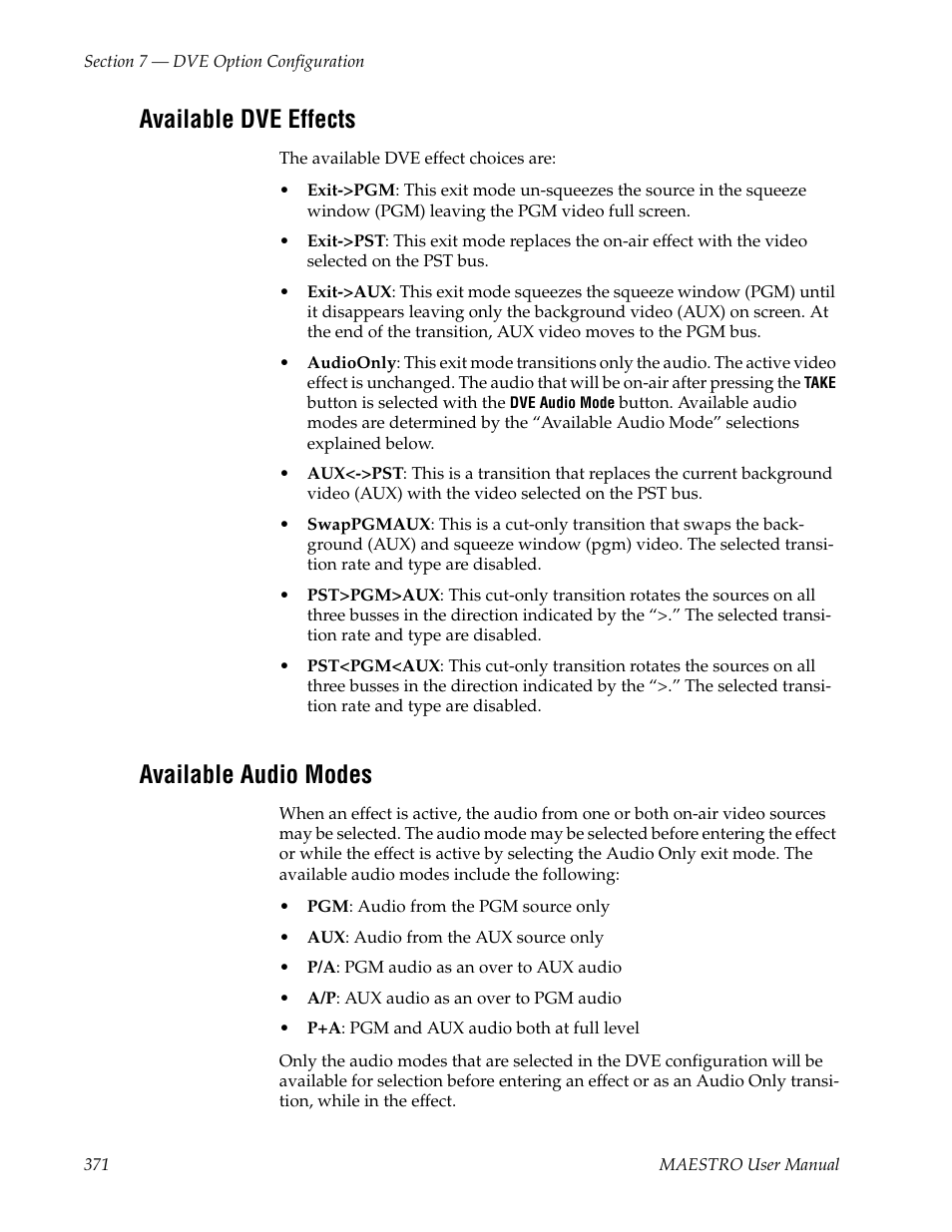 Available dve effects, Available audio modes | Grass Valley Maestro Master Control v.2.4.0 User Manual | Page 375 / 455