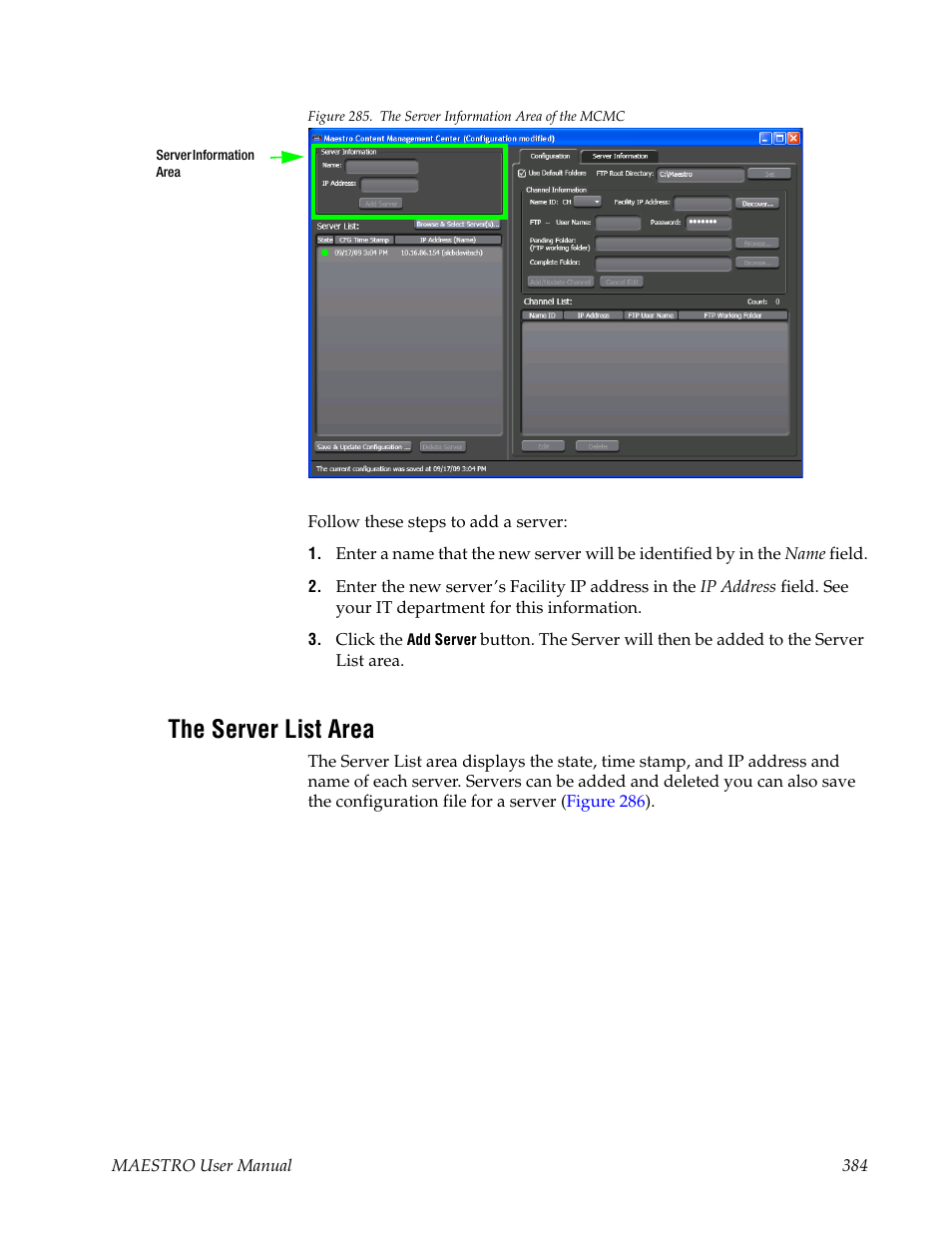 The server list area | Grass Valley Maestro Master Control v.2.4.0 User Manual | Page 388 / 455