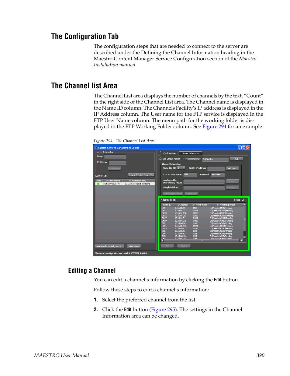 The configuration tab, The channel list area, Editing a channel | Grass Valley Maestro Master Control v.2.4.0 User Manual | Page 394 / 455