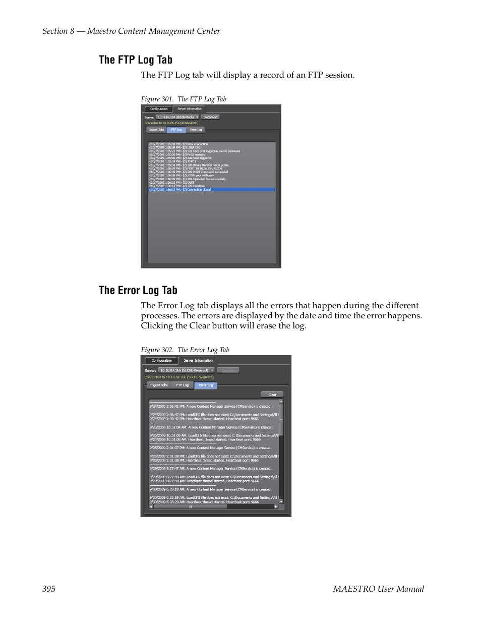 The ftp log tab, The error log tab | Grass Valley Maestro Master Control v.2.4.0 User Manual | Page 399 / 455