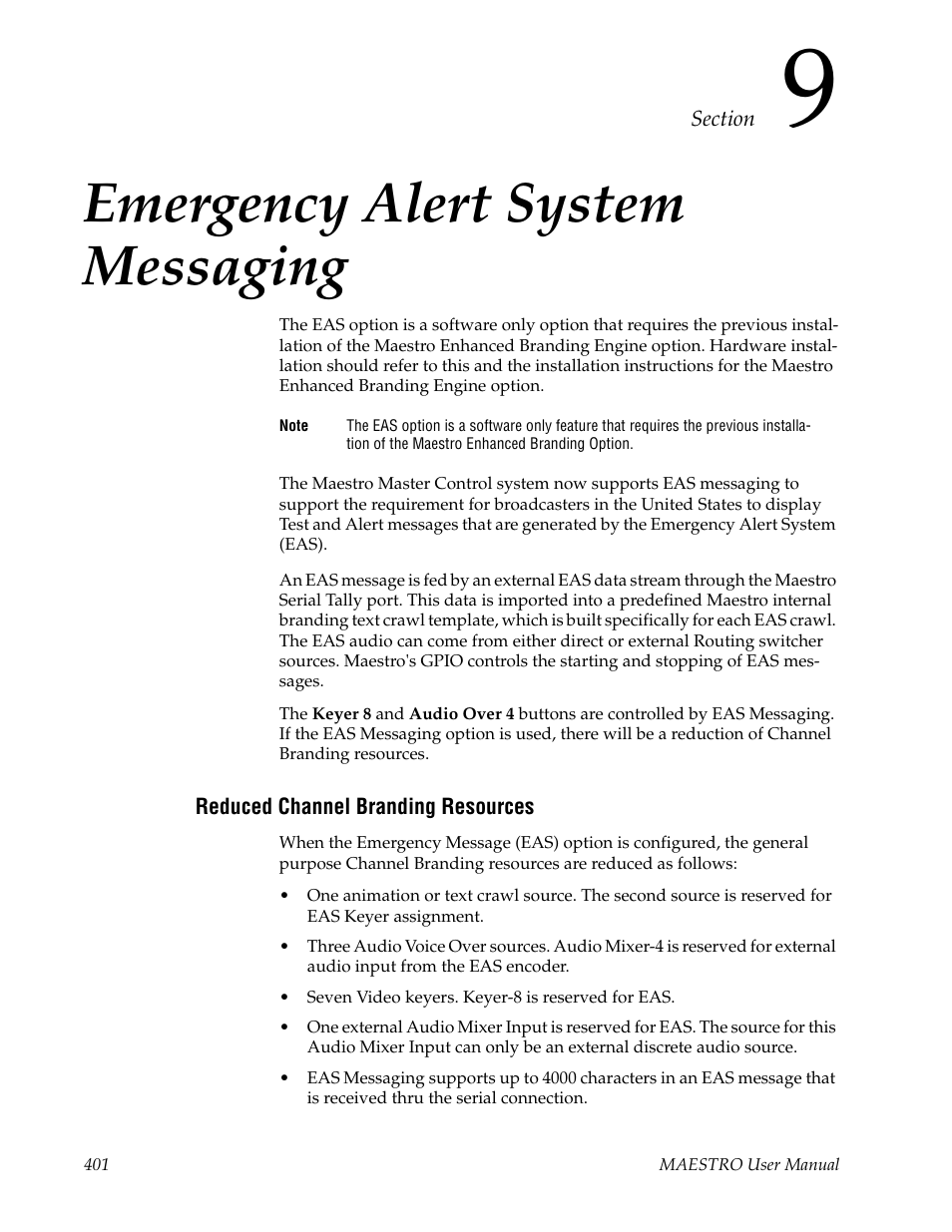 Emergency alert system messaging, Reduced channel branding resources, Section 9 — emergency alert system messaging | Grass Valley Maestro Master Control v.2.4.0 User Manual | Page 405 / 455