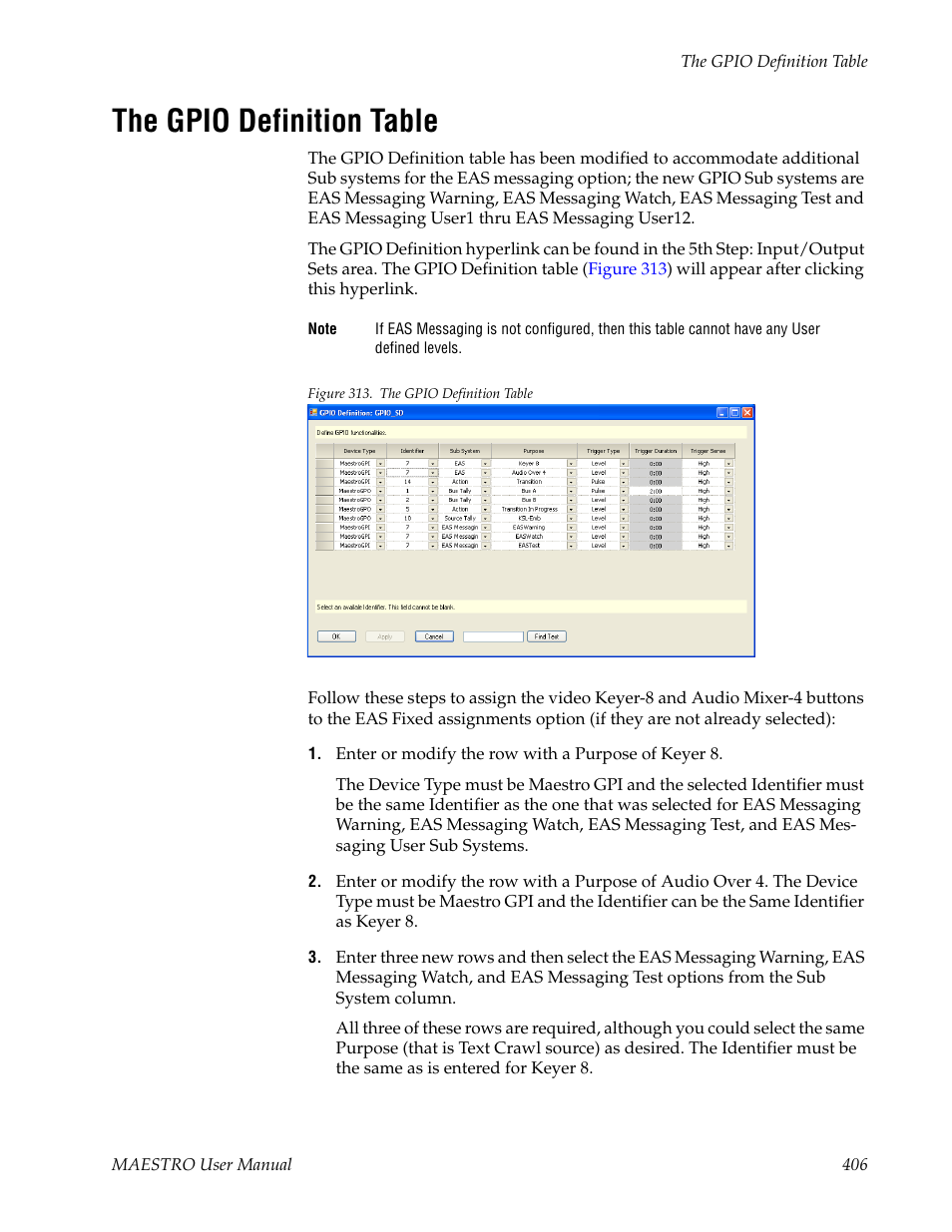 The gpio definition table | Grass Valley Maestro Master Control v.2.4.0 User Manual | Page 410 / 455