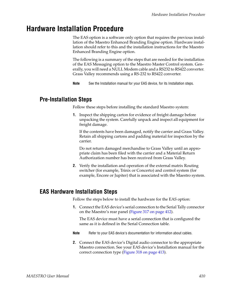 Hardware installation procedure, Pre-installation steps, Eas hardware installation steps | Grass Valley Maestro Master Control v.2.4.0 User Manual | Page 414 / 455