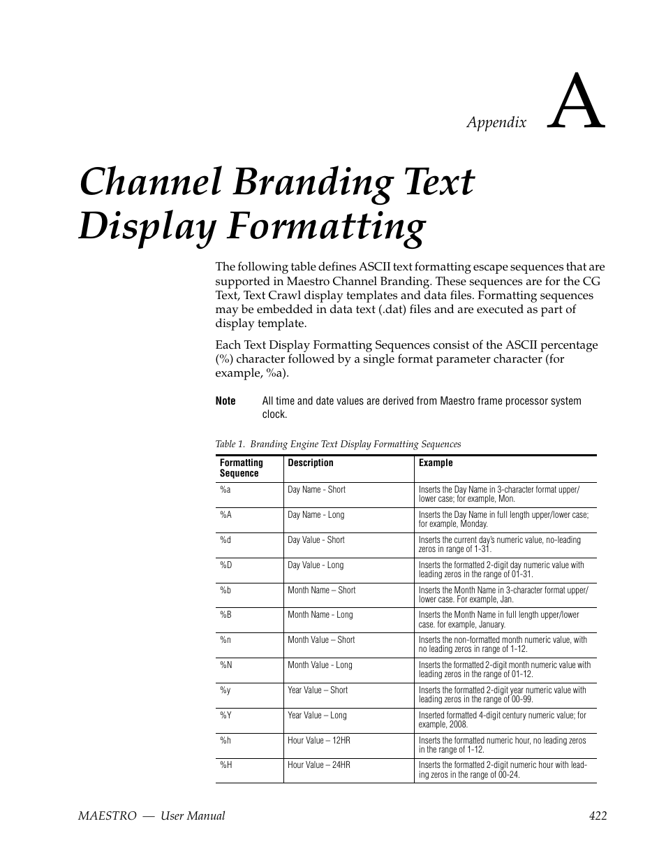 Channel branding text display formatting, Appendix | Grass Valley Maestro Master Control v.2.4.0 User Manual | Page 426 / 455