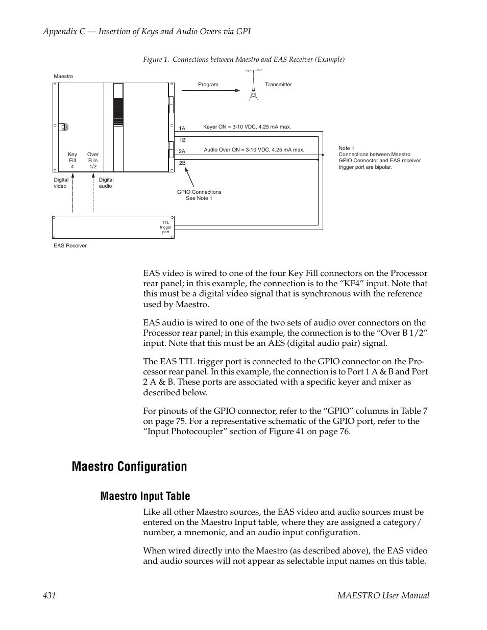 Maestro configuration, Maestro input table | Grass Valley Maestro Master Control v.2.4.0 User Manual | Page 435 / 455