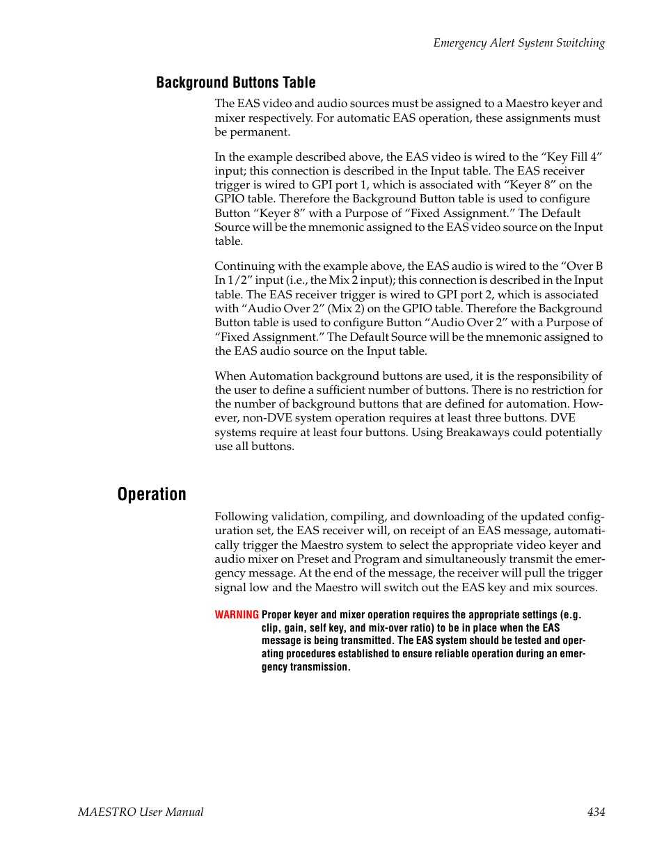 Background buttons table, Operation | Grass Valley Maestro Master Control v.2.4.0 User Manual | Page 438 / 455