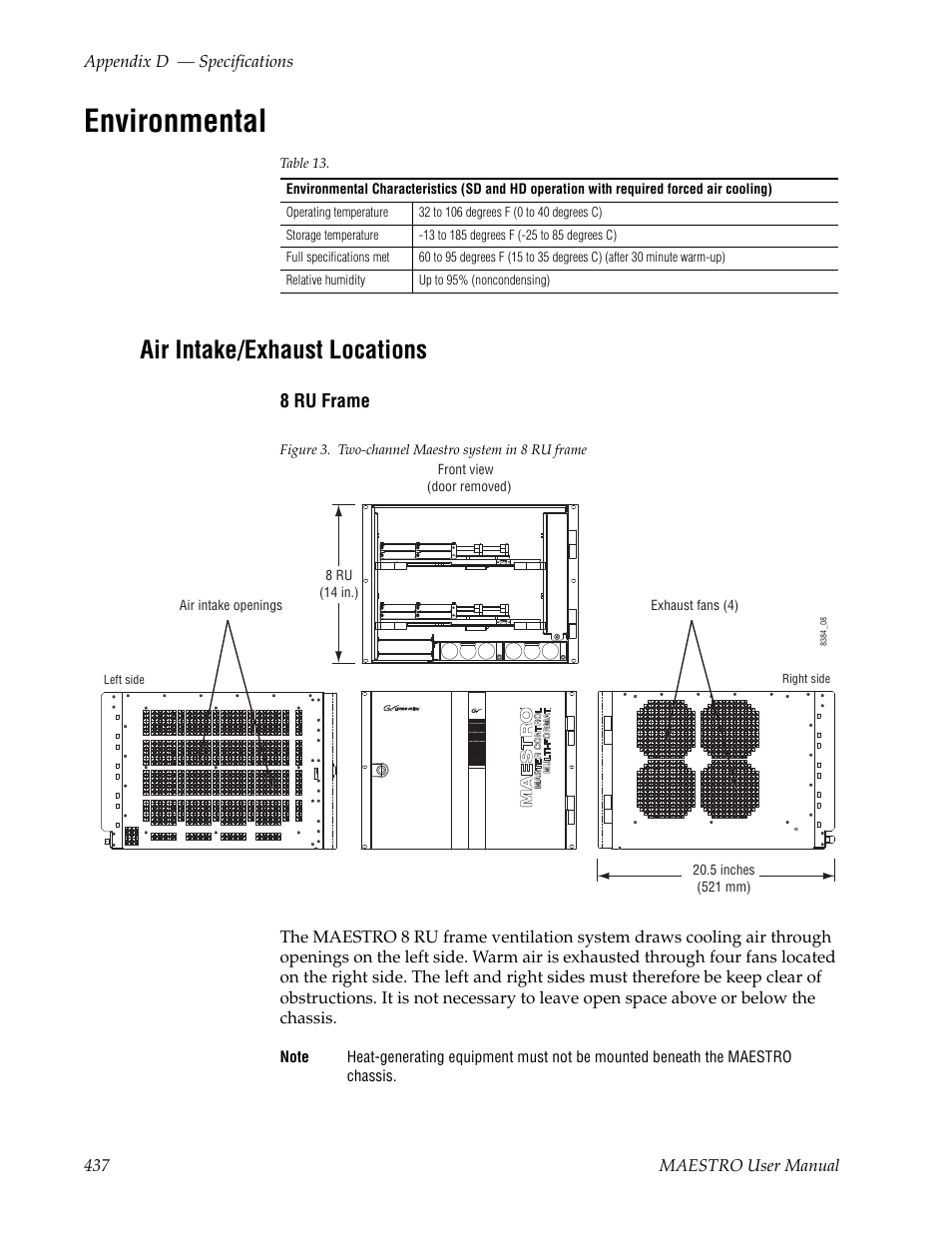 Environmental, Air intake/exhaust locations, 8 ru frame | Grass Valley Maestro Master Control v.2.4.0 User Manual | Page 441 / 455