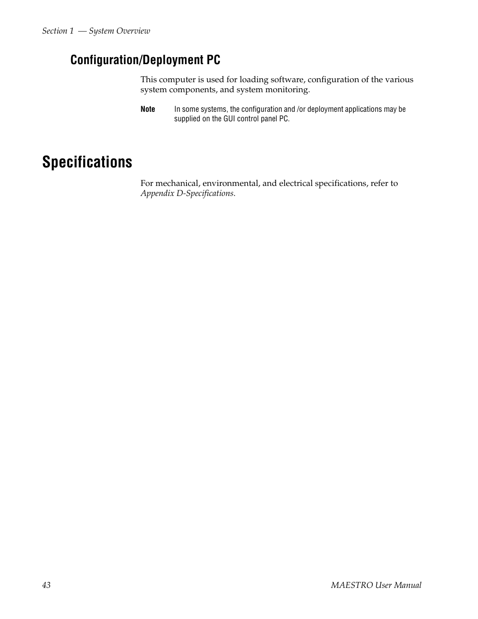 Configuration/deployment pc, Specifications | Grass Valley Maestro Master Control v.2.4.0 User Manual | Page 47 / 455