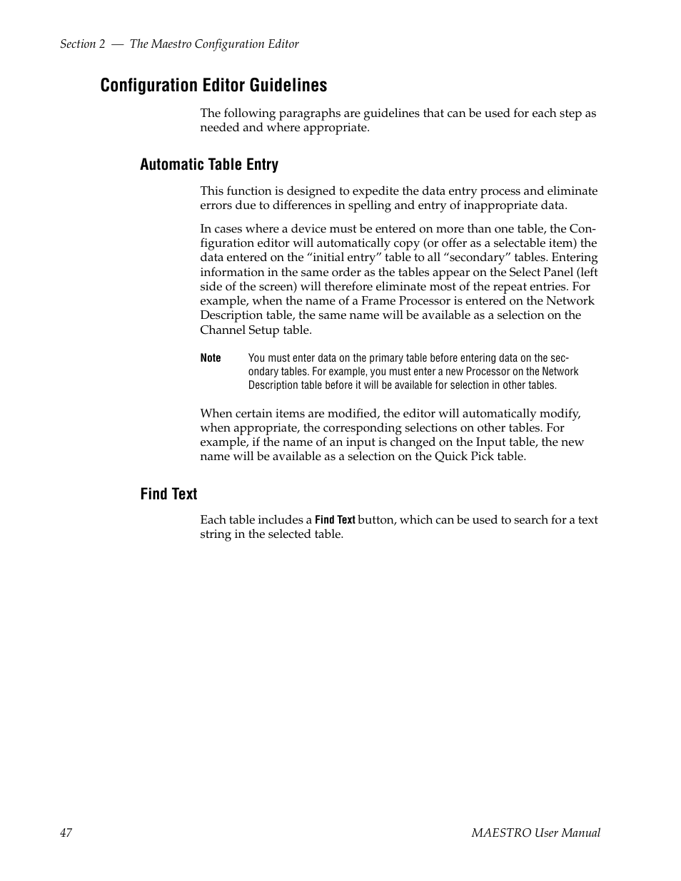 Configuration editor guidelines, Automatic table entry, Find text | Grass Valley Maestro Master Control v.2.4.0 User Manual | Page 51 / 455