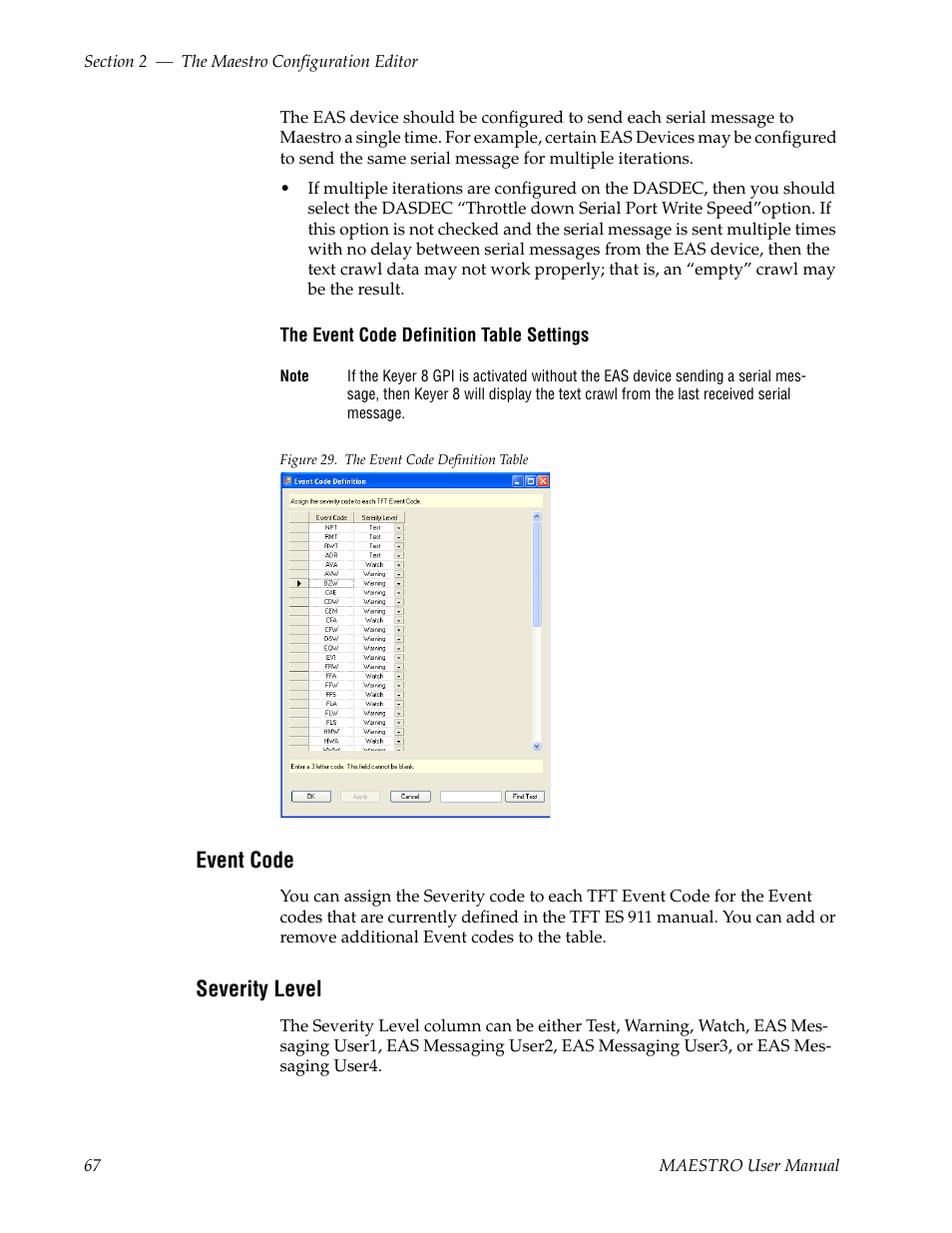 Event code, Severity level | Grass Valley Maestro Master Control v.2.4.0 User Manual | Page 71 / 455