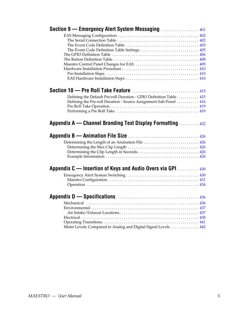 Appendix b — animation file size, Appendix d — specifications | Grass Valley Maestro Master Control v.2.4.0 User Manual | Page 9 / 455