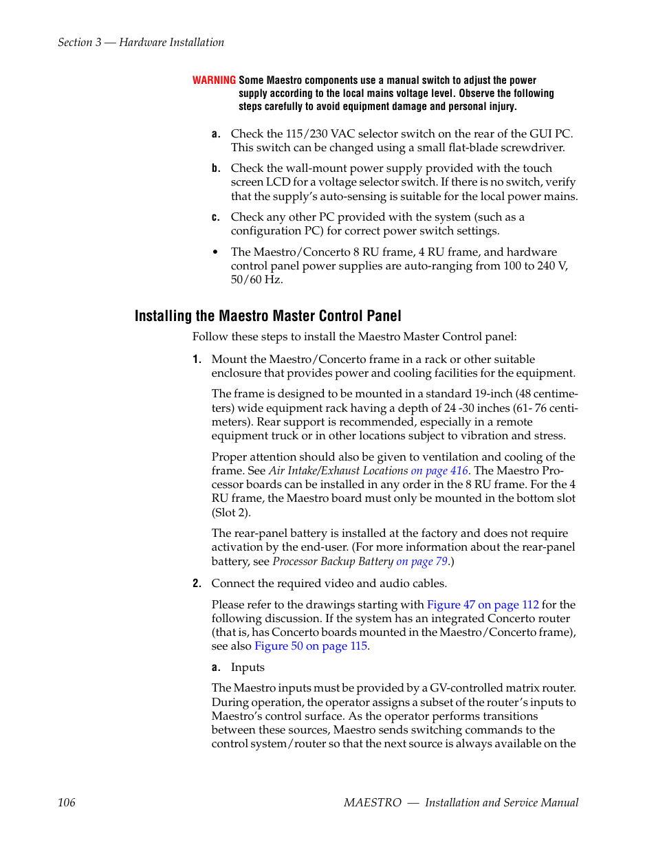 Installing the maestro master control panel | Grass Valley Maestro Master Control Installation v.2.4.0 User Manual | Page 106 / 428