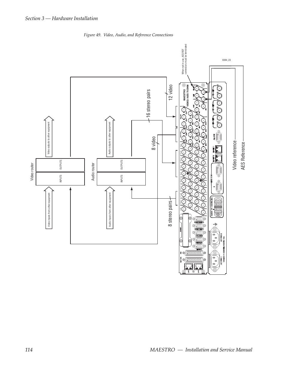 8stereo pairs, Figure 49. video, audio, and reference connections, Video router | Audio router | Grass Valley Maestro Master Control Installation v.2.4.0 User Manual | Page 114 / 428