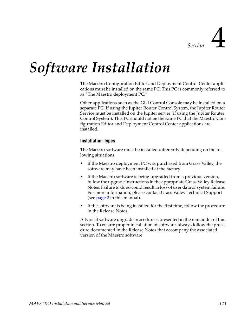 Software installation, Section 4 — software installation | Grass Valley Maestro Master Control Installation v.2.4.0 User Manual | Page 123 / 428