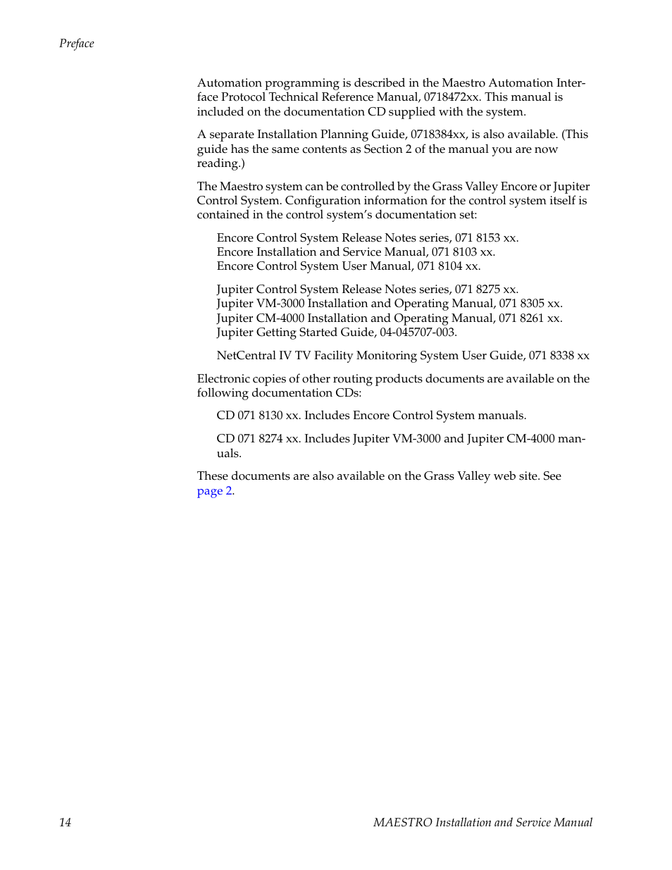 Grass Valley Maestro Master Control Installation v.2.4.0 User Manual | Page 14 / 428