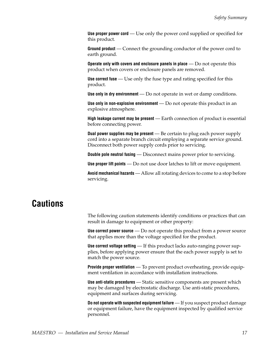 Cautions | Grass Valley Maestro Master Control Installation v.2.4.0 User Manual | Page 17 / 428