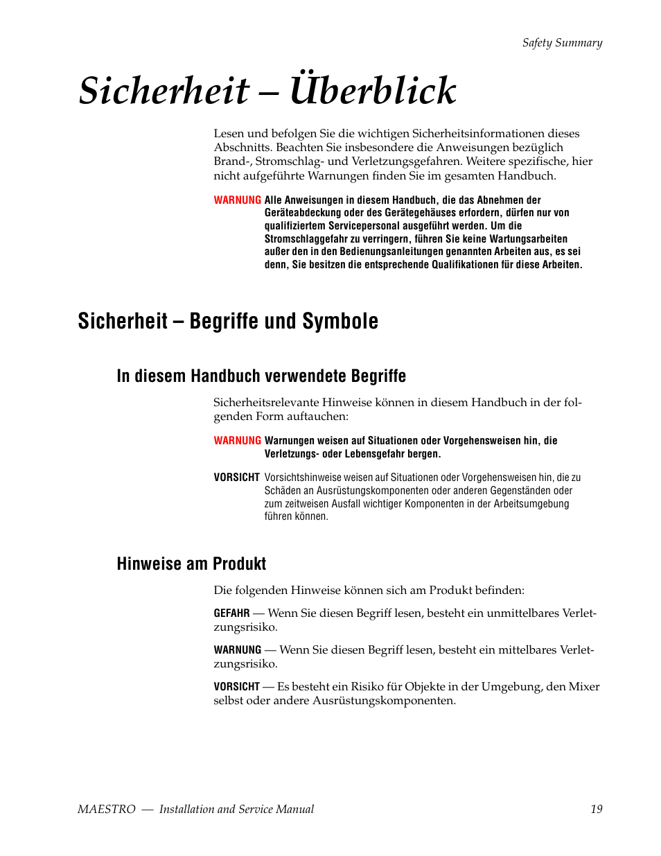 Sicherheit – überblick, Sicherheit – begriffe und symbole, Hinweise am produkt | Grass Valley Maestro Master Control Installation v.2.4.0 User Manual | Page 19 / 428