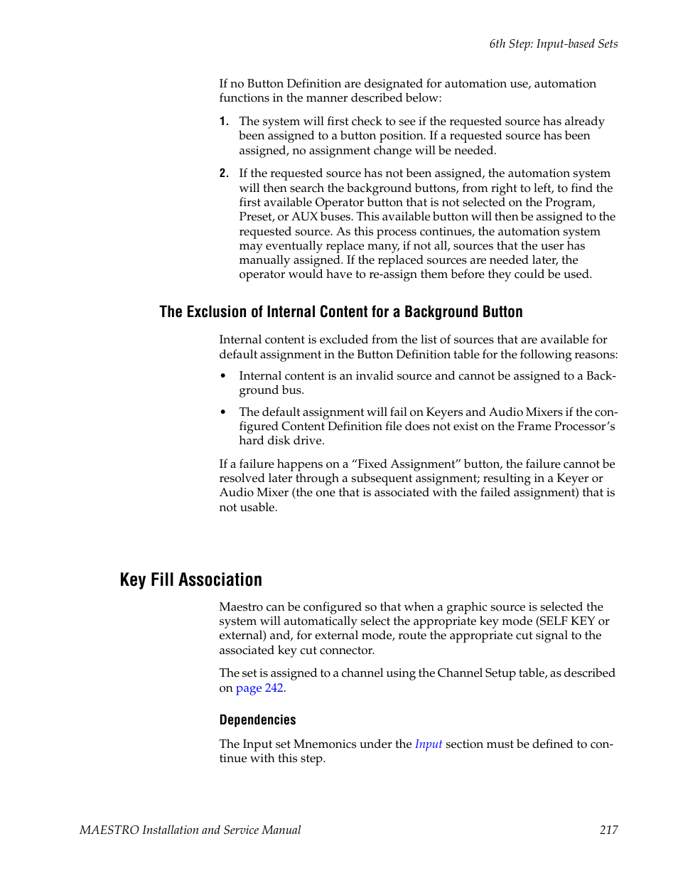 Key fill association, Fill association table | Grass Valley Maestro Master Control Installation v.2.4.0 User Manual | Page 217 / 428