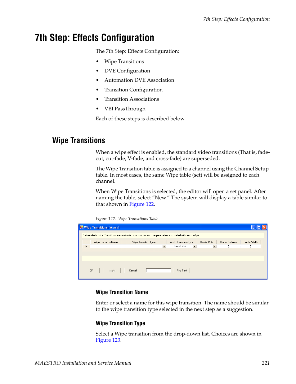 7th step: effects configuration, Wipe transitions | Grass Valley Maestro Master Control Installation v.2.4.0 User Manual | Page 221 / 428