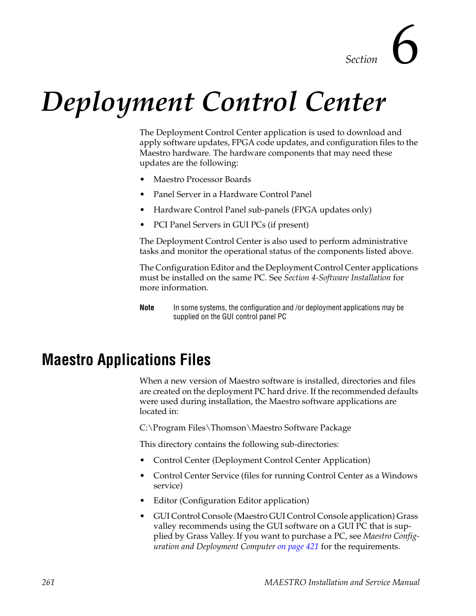 Deployment control center, Maestro applications files, Section 6 — deployment control center | Grass Valley Maestro Master Control Installation v.2.4.0 User Manual | Page 261 / 428