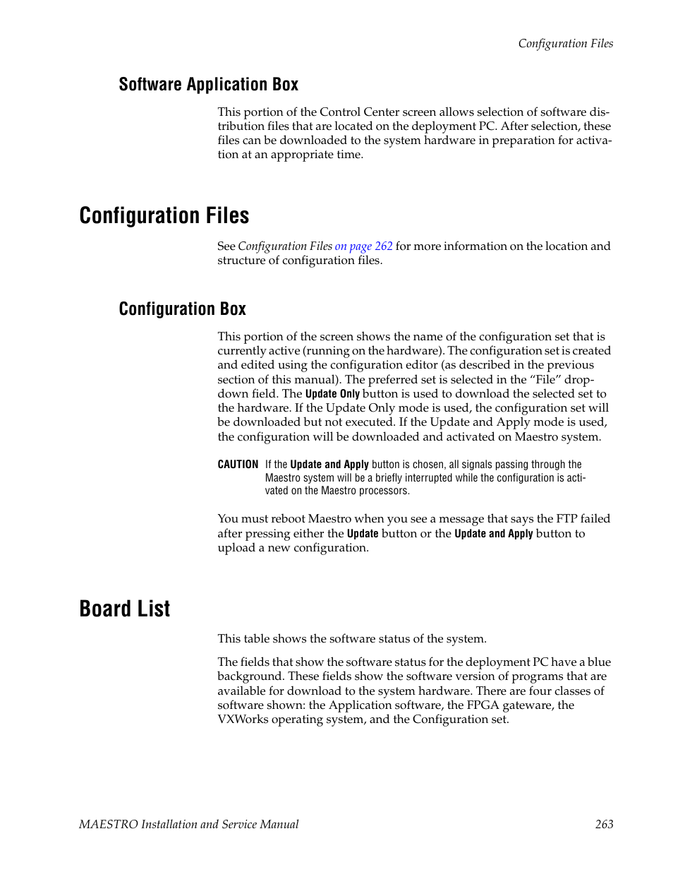 Software application box, Configuration files, Configuration box | Board list | Grass Valley Maestro Master Control Installation v.2.4.0 User Manual | Page 263 / 428