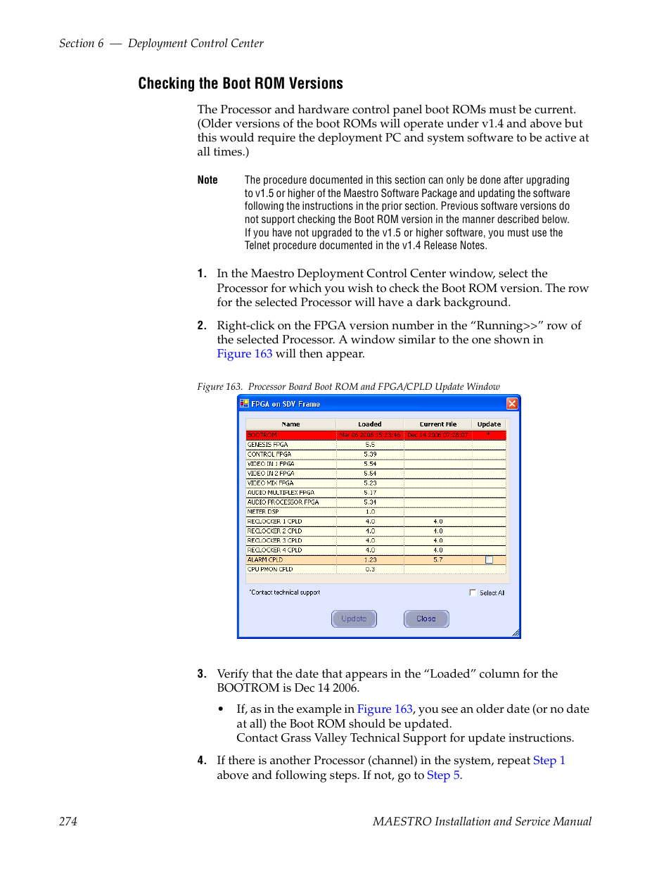 Checking the boot rom versions | Grass Valley Maestro Master Control Installation v.2.4.0 User Manual | Page 274 / 428