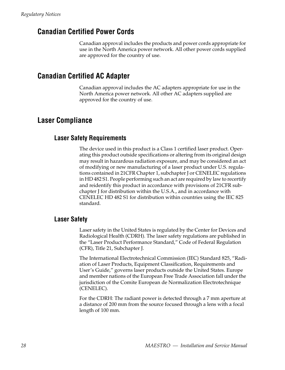 Canadian certified power cords, Canadian certified ac adapter, Laser compliance | Laser safety requirements, Laser safety | Grass Valley Maestro Master Control Installation v.2.4.0 User Manual | Page 28 / 428