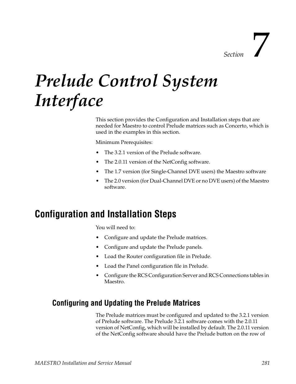 Prelude control system interface, Configuration and installation steps, Configuring and updating the prelude matrices | Section 7 — prelude control system interface | Grass Valley Maestro Master Control Installation v.2.4.0 User Manual | Page 281 / 428