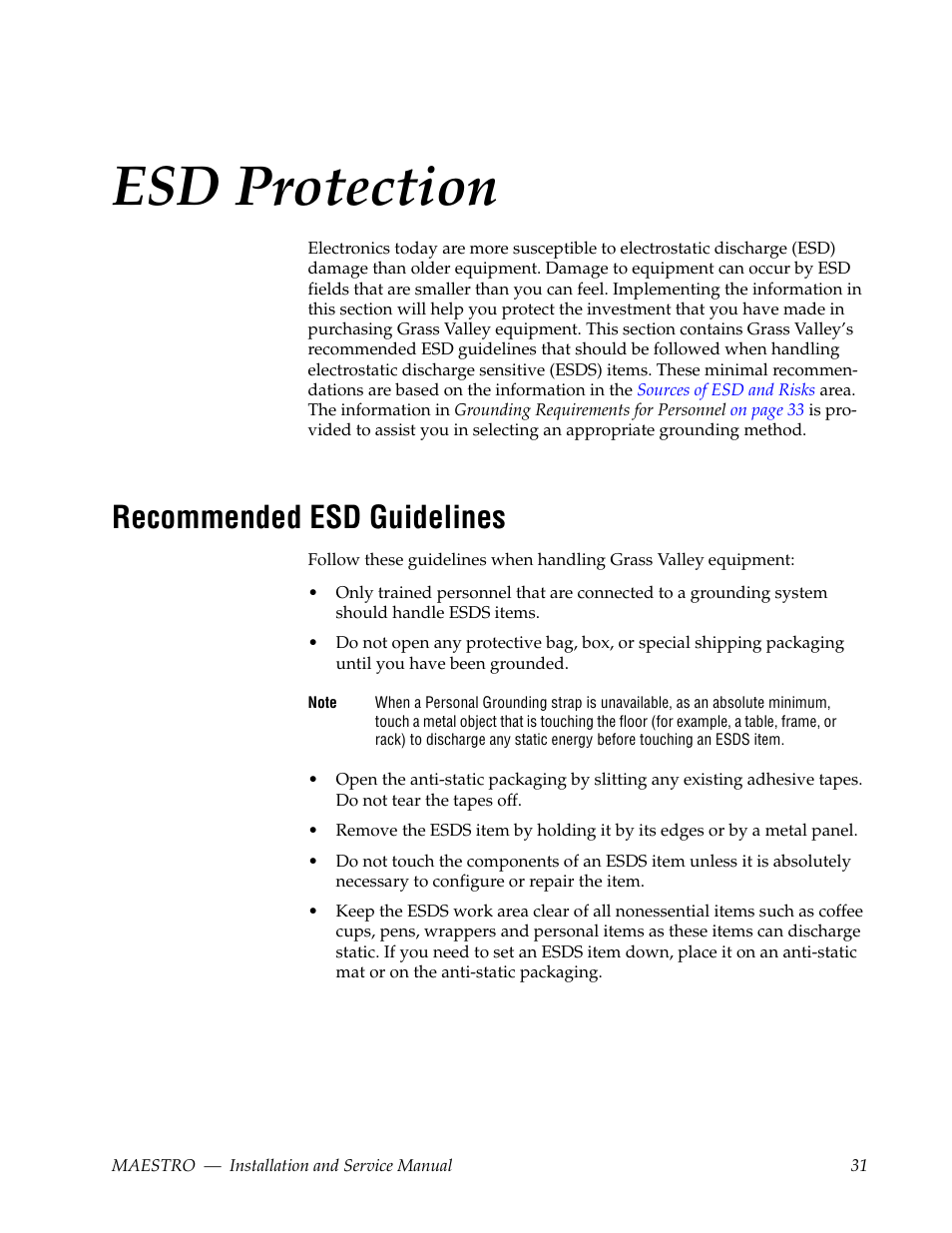 Esd protection, Recommended esd guidelines | Grass Valley Maestro Master Control Installation v.2.4.0 User Manual | Page 31 / 428