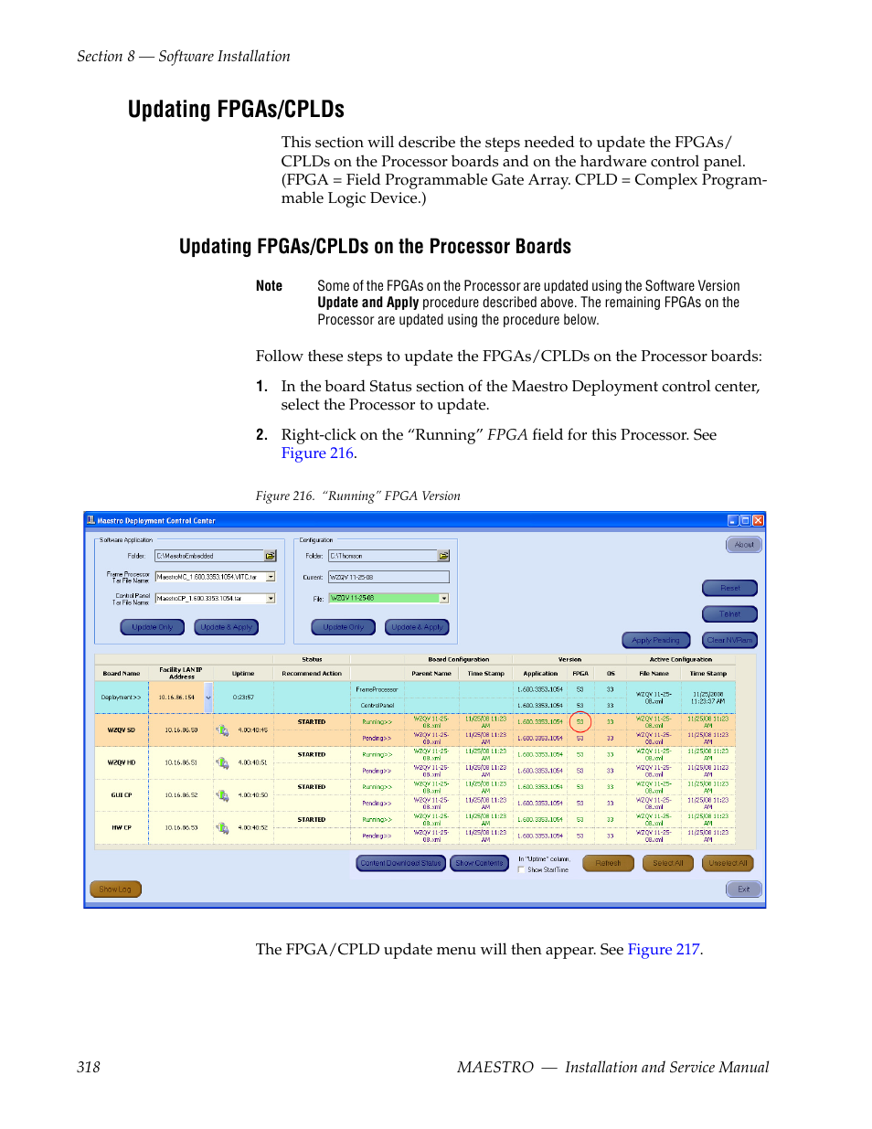 Updating fpgas/cplds, Updating fpgas/cplds on the processor boards | Grass Valley Maestro Master Control Installation v.2.4.0 User Manual | Page 318 / 428