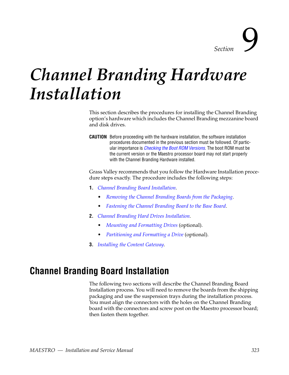 Channel branding hardware installation, Channel branding board installation, Section 9 — channel branding hardware installation | Section 9-channel branding hardware installation | Grass Valley Maestro Master Control Installation v.2.4.0 User Manual | Page 323 / 428