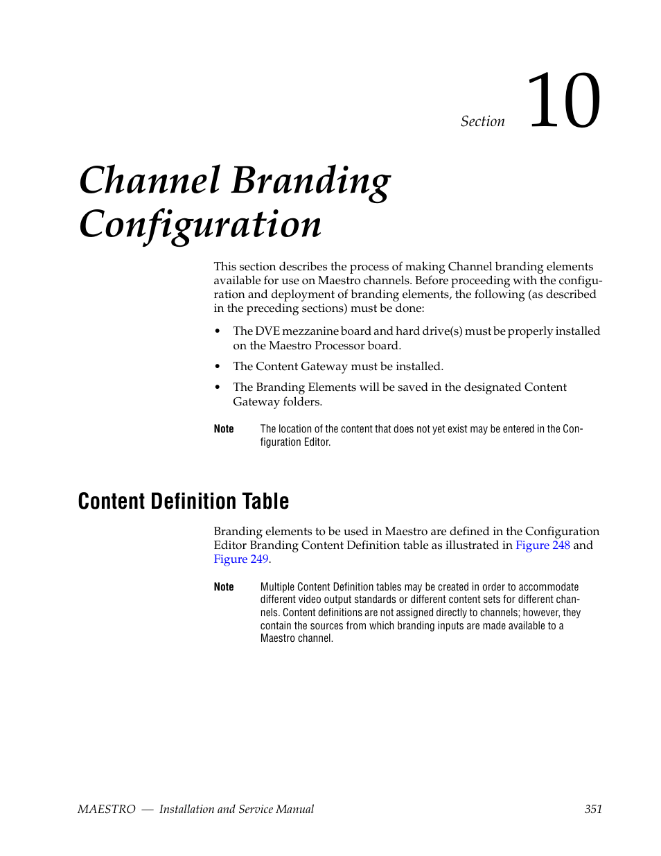Channel branding configuration, Content definition table, Section 10 — channel branding configuration | Section 10-channel branding configuration | Grass Valley Maestro Master Control Installation v.2.4.0 User Manual | Page 351 / 428