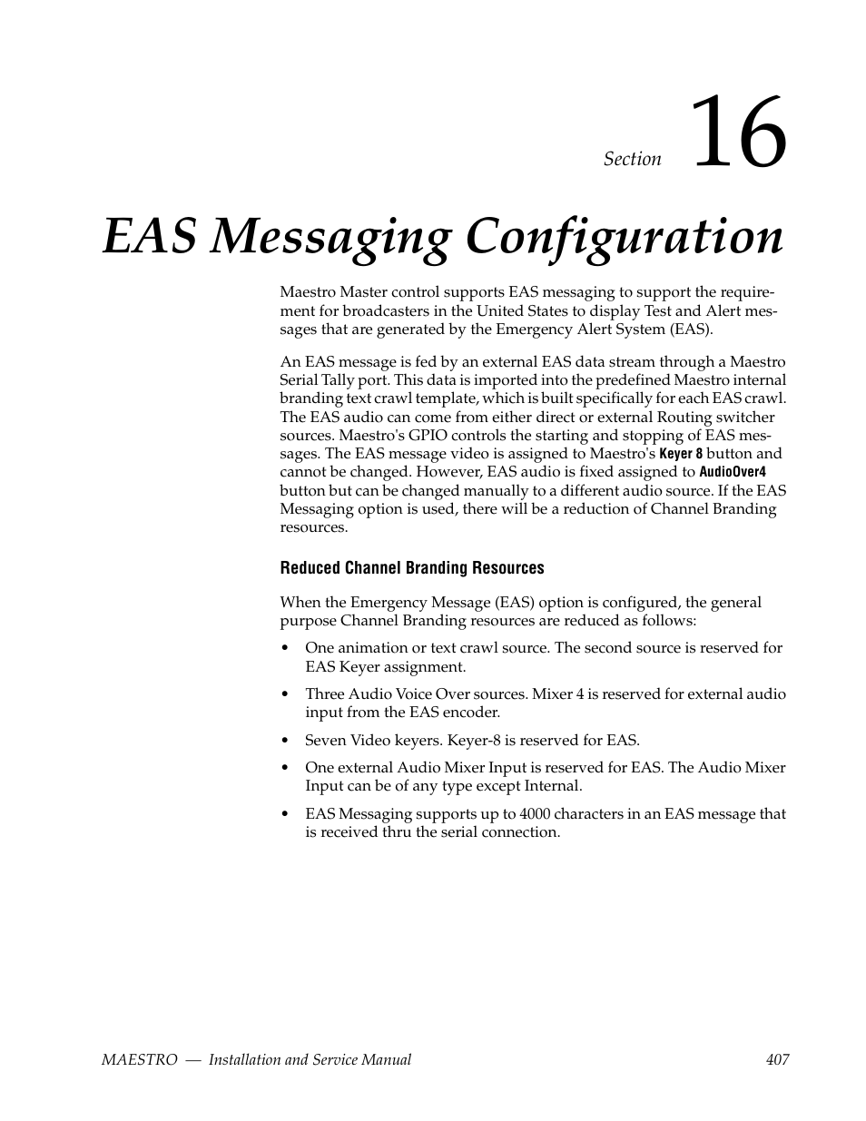 Eas messaging configuration, Section 16 — eas messaging configuration | Grass Valley Maestro Master Control Installation v.2.4.0 User Manual | Page 407 / 428