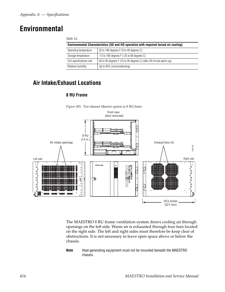 Environmental, Air intake/exhaust locations, 8 ru frame | Grass Valley Maestro Master Control Installation v.2.4.0 User Manual | Page 416 / 428