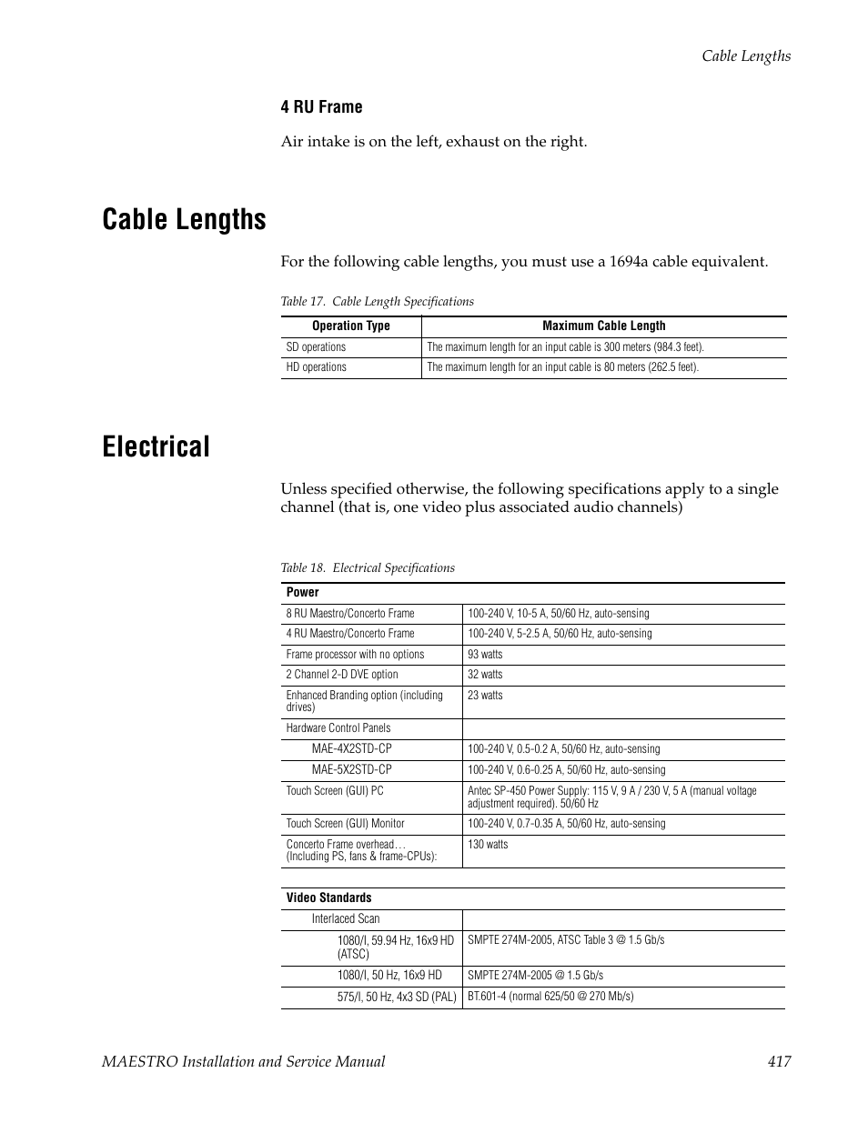 Cable lengths, Electrical | Grass Valley Maestro Master Control Installation v.2.4.0 User Manual | Page 417 / 428