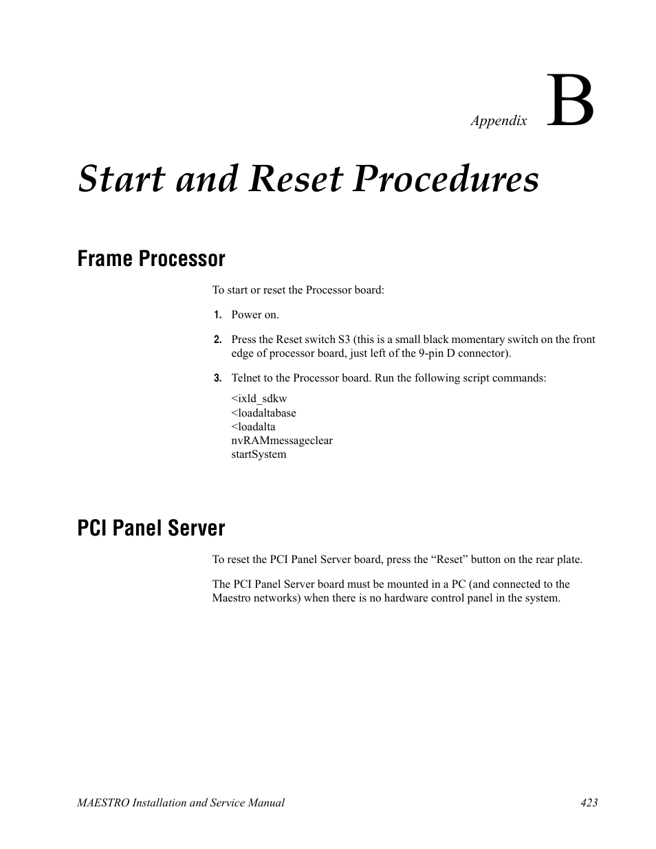 Start and reset procedures, Frame processor, Pci panel server | Grass Valley Maestro Master Control Installation v.2.4.0 User Manual | Page 423 / 428