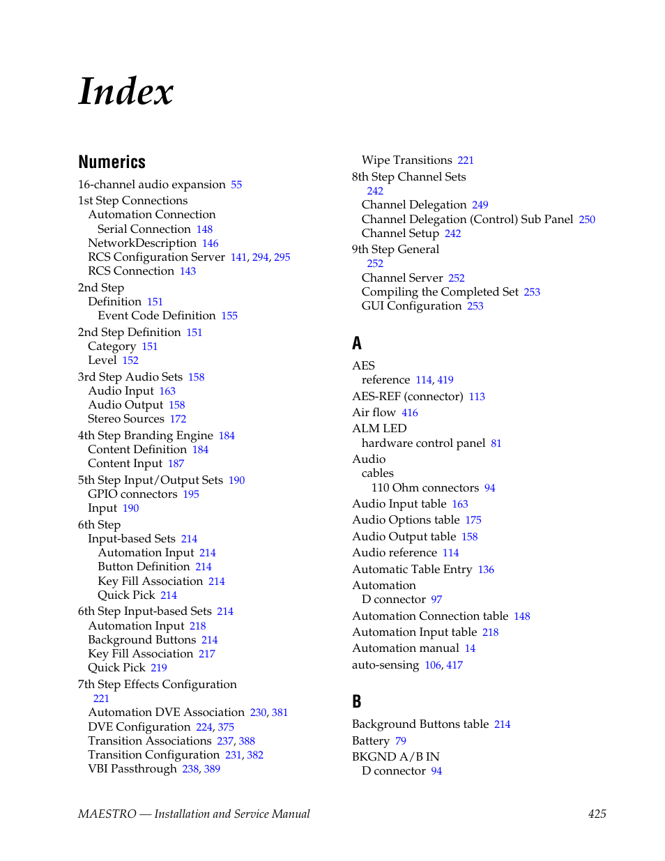 Index, Numerics | Grass Valley Maestro Master Control Installation v.2.4.0 User Manual | Page 425 / 428