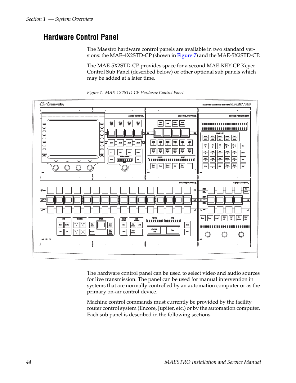Hardware control panel | Grass Valley Maestro Master Control Installation v.2.4.0 User Manual | Page 44 / 428