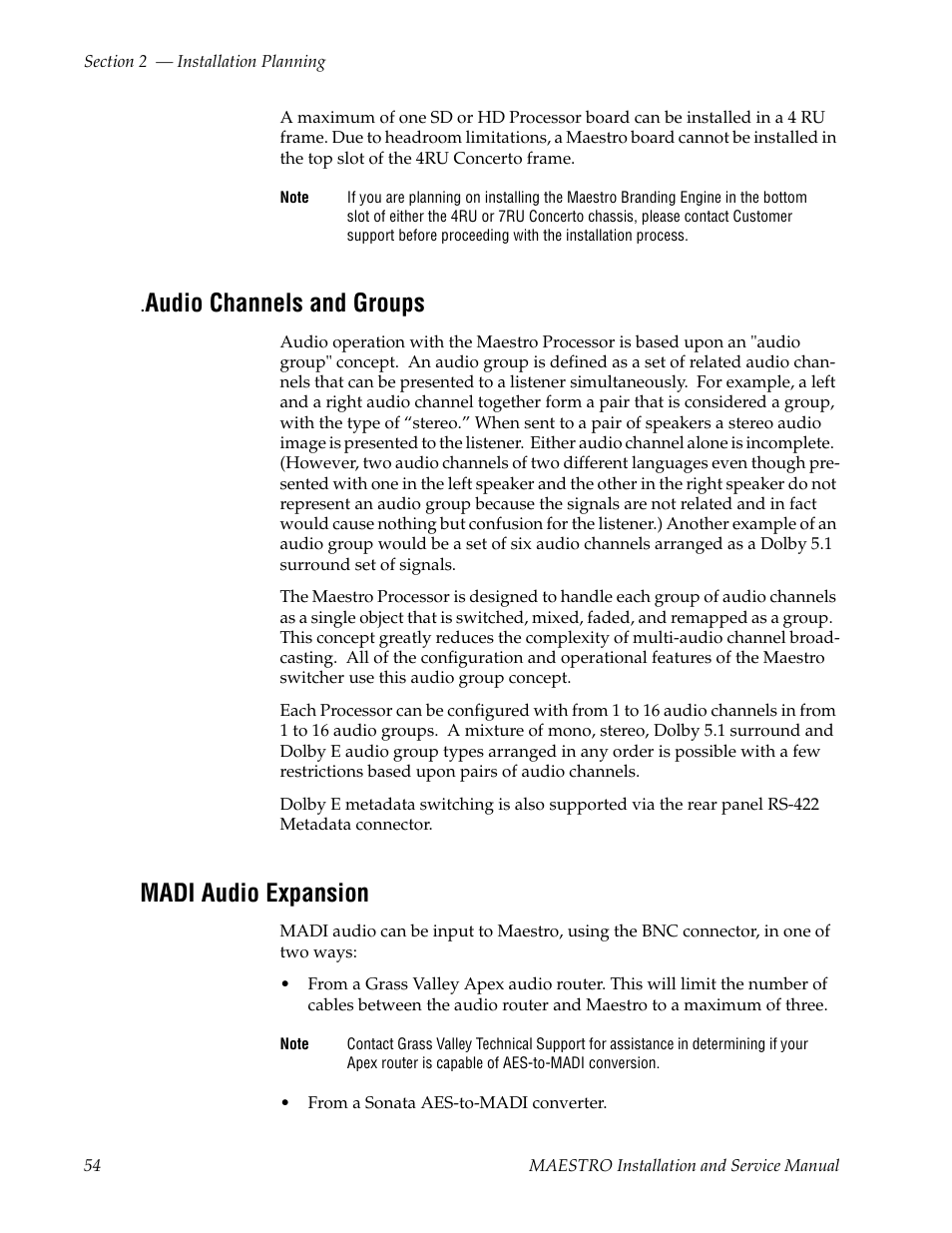 Audio channels and groups, Madi audio expansion | Grass Valley Maestro Master Control Installation v.2.4.0 User Manual | Page 54 / 428