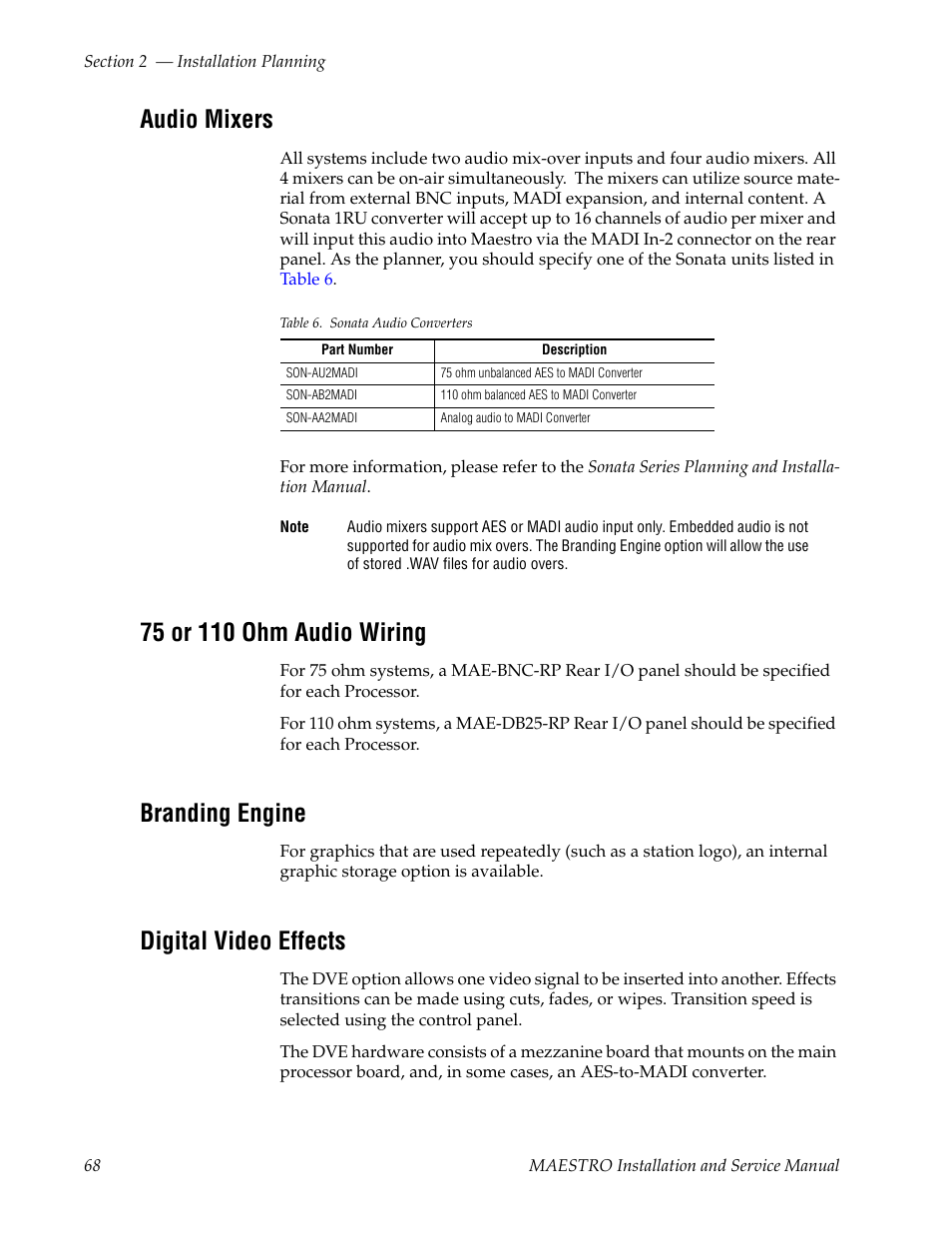 Audio mixers, 75 or 110 ohm audio wiring, Branding engine | Digital video effects | Grass Valley Maestro Master Control Installation v.2.4.0 User Manual | Page 68 / 428