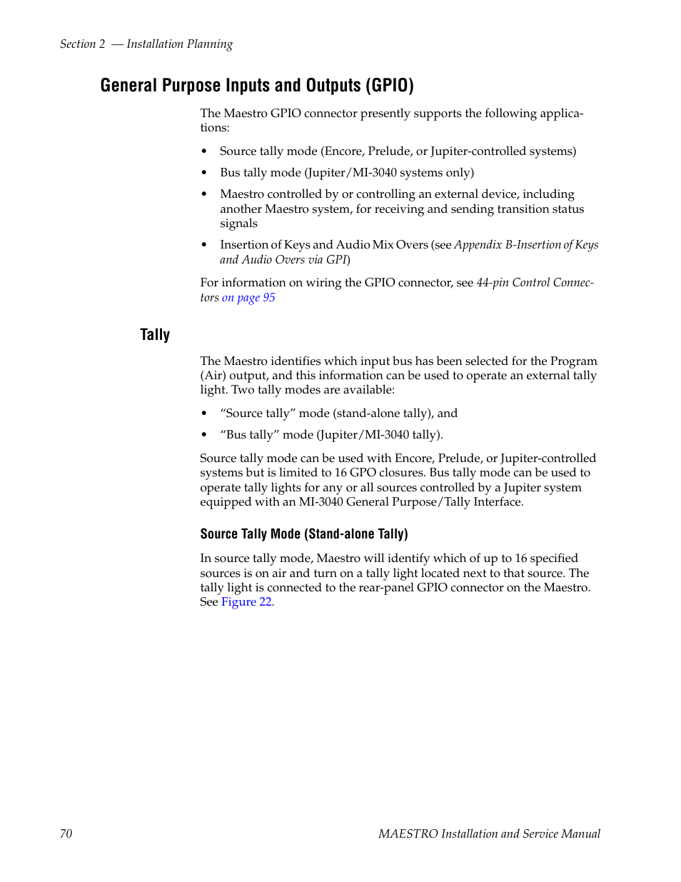 General purpose inputs and outputs (gpio), Tally | Grass Valley Maestro Master Control Installation v.2.4.0 User Manual | Page 70 / 428